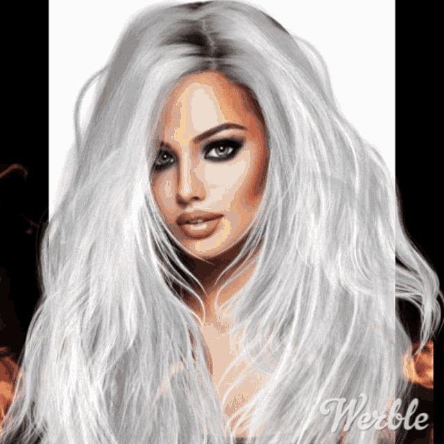 a woman with very long white hair has the word weeble on the bottom
