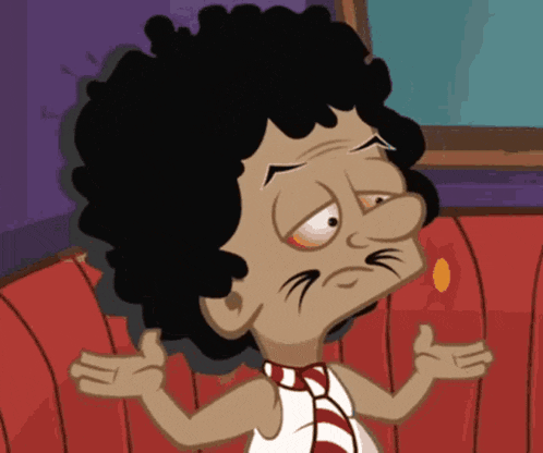 a cartoon character with curly hair is sitting on a red couch with his arms outstretched