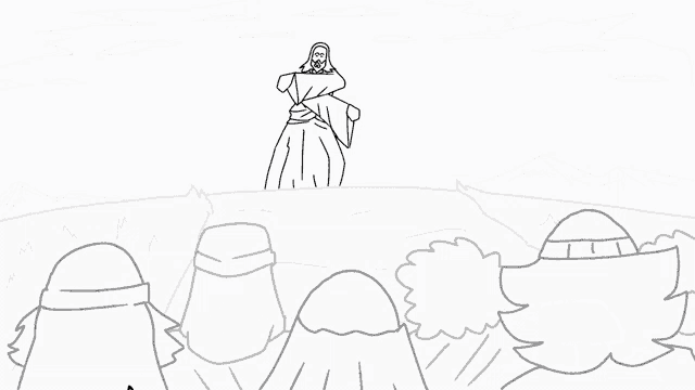 a black and white drawing of jesus standing in front of a group of people