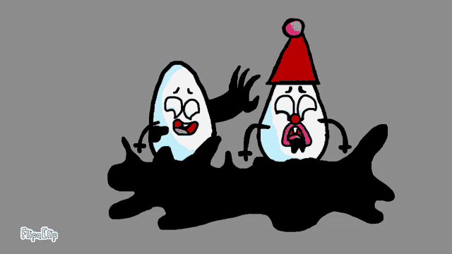 two cartoon eggs wearing santa hats are standing next to each other .