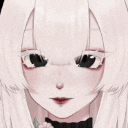 a close up of a girl 's face with white hair and black eyes .