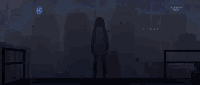 a woman is standing on a balcony overlooking a futuristic city at night