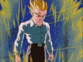 a man in a blue shirt and black pants is standing in front of a blue background .