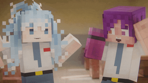 two minecraft characters standing next to each other one with blue hair and one with purple hair