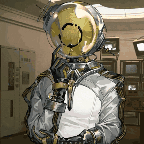 a drawing of a man wearing a helmet with a face on it