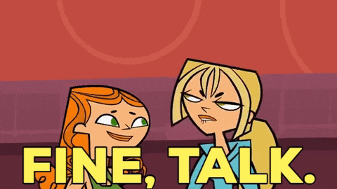 two cartoon girls are standing next to each other and the words fine talk are visible