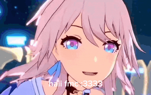 a close up of a pink haired anime girl with the words halii fmc 3333 on the bottom