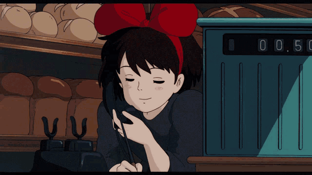 a girl with a red bow on her head looks at a clock that says 0.50