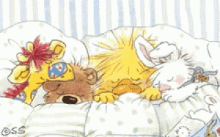 a teddy bear and a rabbit are sleeping in a bed
