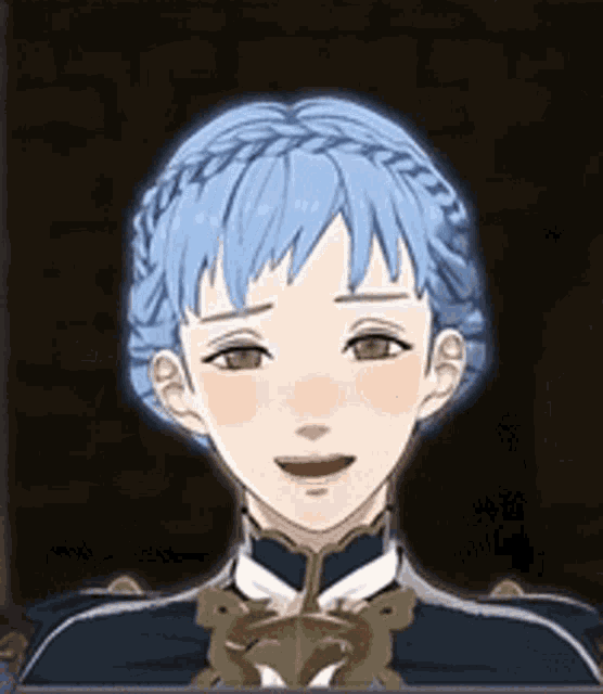 a cartoon girl with blue hair is smiling and wearing a black jacket .