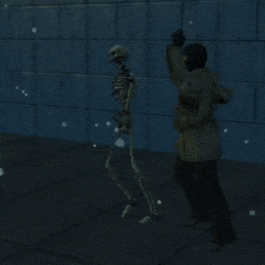 a man in a gas mask is standing in front of a blue wall