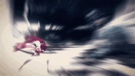 a woman in a red dress is flying through the air in a blurry video game scene .
