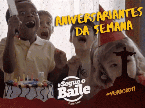 a group of children are celebrating a birthday with the words seguie o baile funk-chic on the bottom