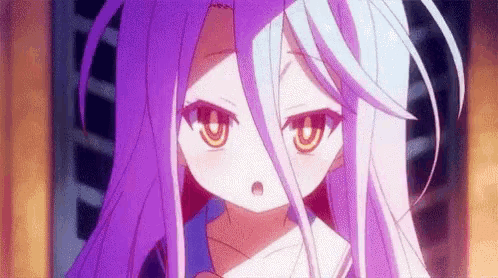 a close up of a anime girl with purple hair and white hair .
