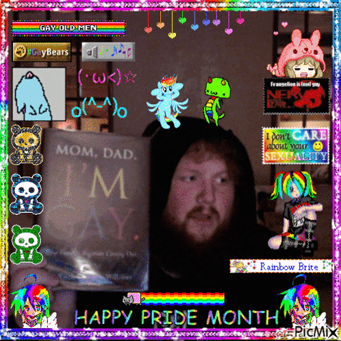 a picture of a man holding a book that says i 'm gay