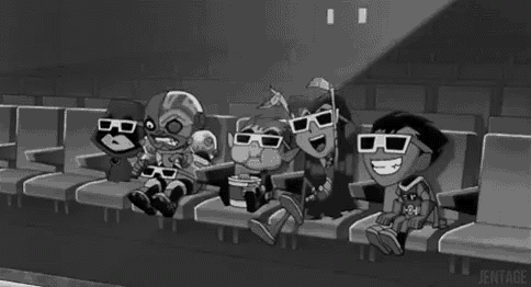 a group of cartoon characters are sitting in a movie theater wearing 3d glasses .