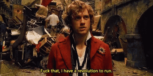 a man in a red jacket says " fuck that i have a revolution to run .. "