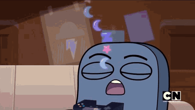 a cartoon character is playing a video game with cn on the bottom