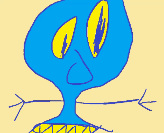 a blue cartoon character with yellow eyes and a yellow shirt