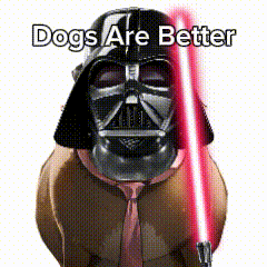 a dog wearing a darth vader helmet and tie holding a red light saber