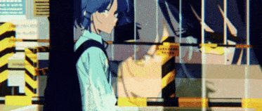 a girl with blue hair and a backpack stands in front of a yellow and black striped wall