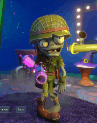 a cartoon character is wearing a helmet and holding a purple toy gun