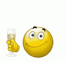 a smiley face holding a glass of champagne and a speech bubble that says cheers