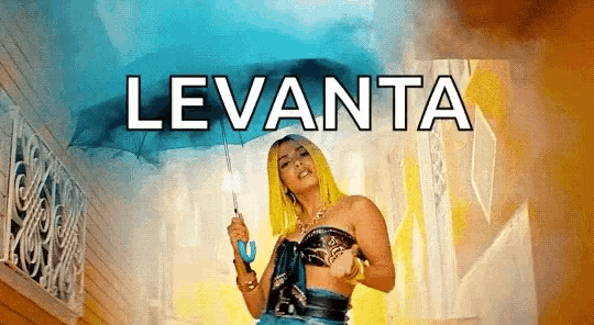 a woman with yellow hair is holding an umbrella with the word levanta written above her