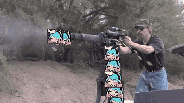 a man is shooting a gun with a pixel art of a girl behind him that says " reflex "