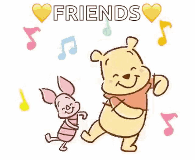 winnie the pooh and piglet are dancing together with music notes .