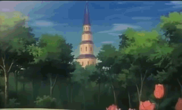 a drawing of a tower in the woods with flowers in the foreground