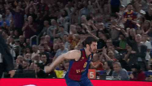 a basketball player with the number 8 on his jersey stands in front of a crowd