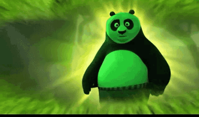 a panda bear with a green belly is standing in a green field .