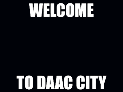 a sign that says welcome to daac city with a cat girl on it