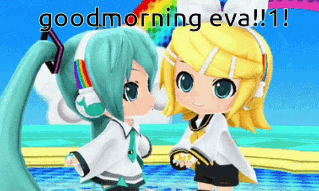 a cartoon of two girls standing next to each other with the words good morning eva written above them