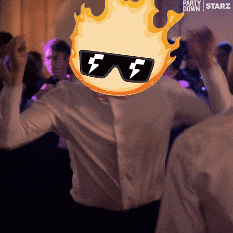 a man wearing sunglasses and a flaming head is dancing in a party down starz advertisement