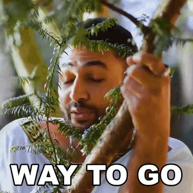 a man holding a tree branch with the words way to go written on the bottom