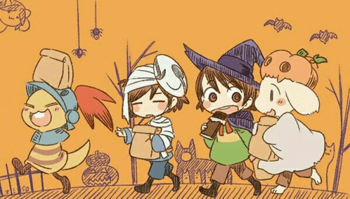 a cartoon drawing of a group of children dressed in halloween costumes