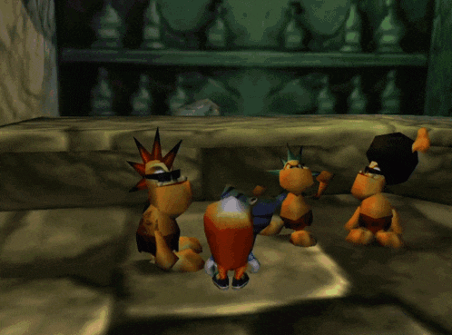 a video game character with a mohawk and sunglasses sits next to another character