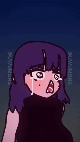 a cartoon drawing of a girl with purple hair and a black dress