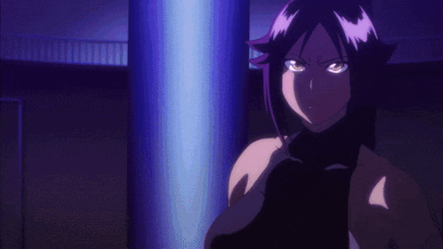 a girl with purple hair is standing in front of a purple fire