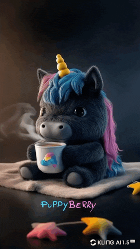 a stuffed unicorn holding a cup of coffee with the name puppyberry on the bottom right