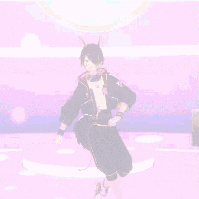 a 3d anime character is dancing on a pink floor .