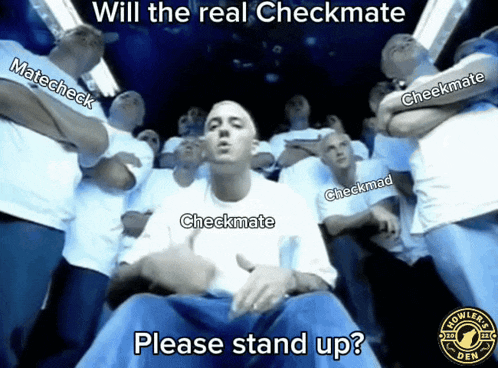 a group of men are standing around a man with the words " will the real checkmate please stand up " on the bottom