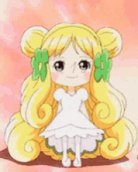 a cartoon girl with yellow hair is wearing a white dress with green flowers in her hair