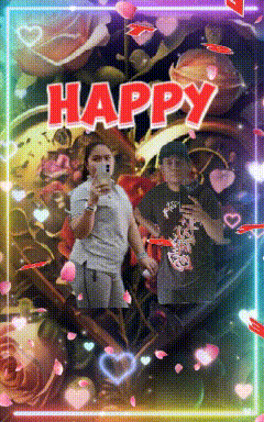 a couple taking a picture with the word happy in the background