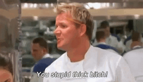 a man in a white chef 's coat is standing in a kitchen and says `` you stupid thick bitch ! ''