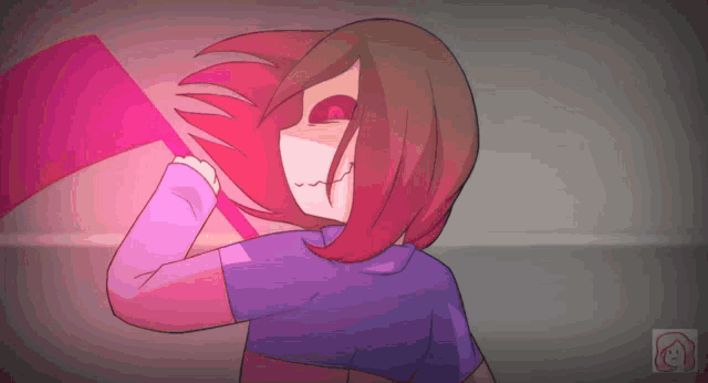 a cartoon drawing of a girl with red eyes and a purple shirt