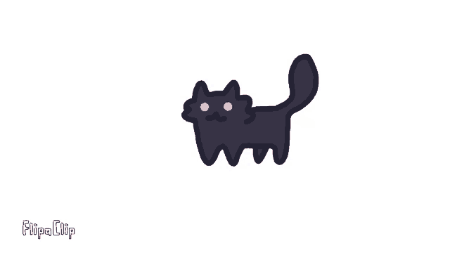 a cartoon drawing of a black cat with purple eyes on a white background .