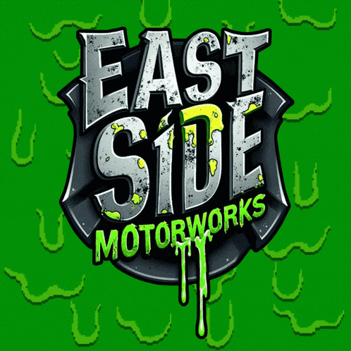 a logo for east side motorworks with green monsters in the background